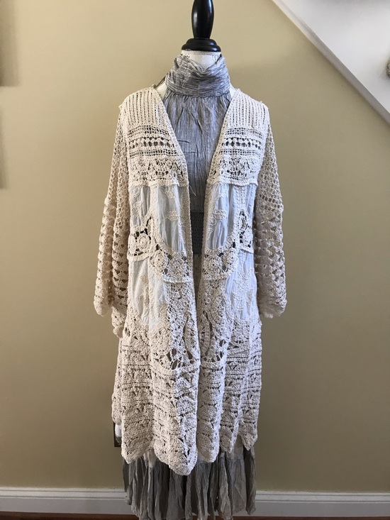 POL Sweaters - POL NWT Kimono Cardigan Natural Crocheted Cream Lace Denim One Size Fits Most